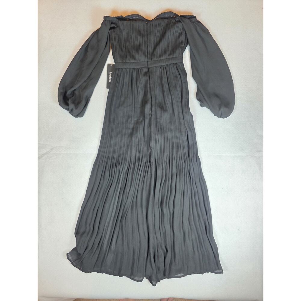 🖤 BEBE Black Pleated Chiffon Off-Shoulder Midi Dress | Size XS | NWT - Picture 3 of 5